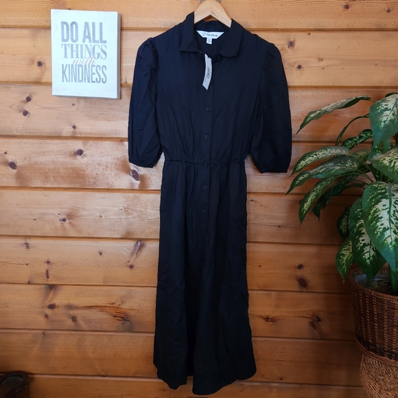 the drop Dresses & Skirts - The Drop NWT Ellen Black Midi Puff Sleeve Shirt Dress Open Back Pockets Size XXS